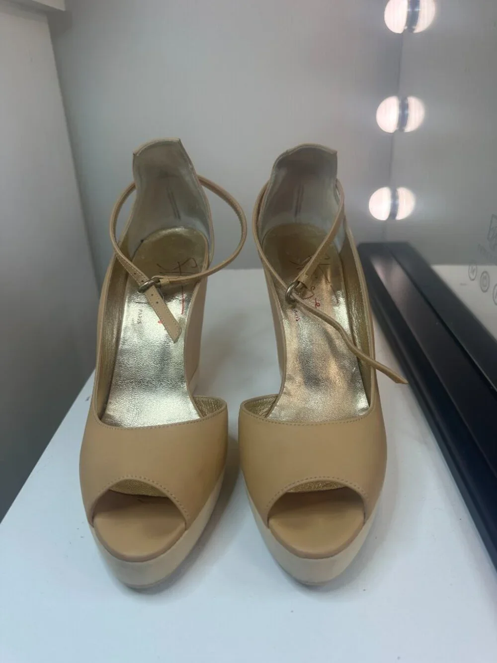 WALTER STEIGER Paris Nude Tan Leather Ankle-Strap Platform Wedge Sandals, EU 36.